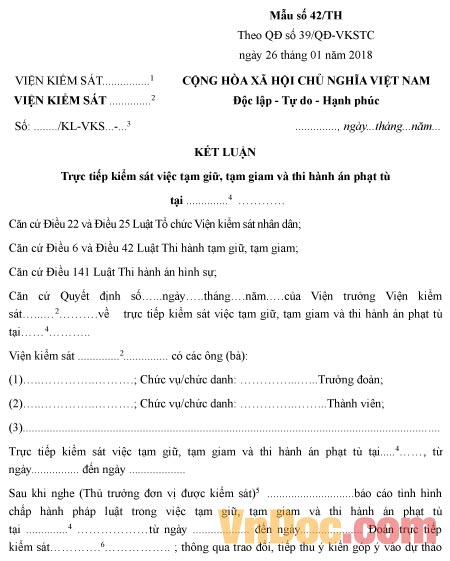 Mẫu kết luận trực tiếp kiểm sát việc tạm giữ, tạm giam và thi hành án phạt tù 