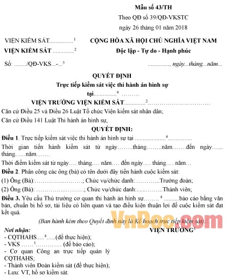 Mẫu quyết định trực tiếp kiểm sát việc thi hành án hình sự tại cơ quan thi hành án hình sự