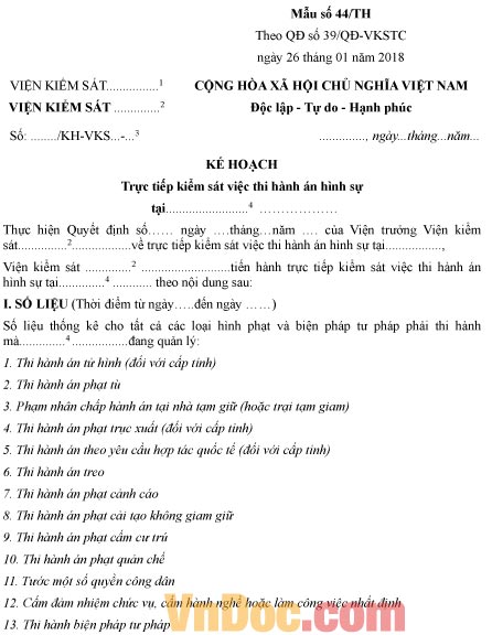 Mẫu kế hoạch trực tiếp kiểm sát việc thi hành án hình sự tại cơ quan thi hành án hình sự