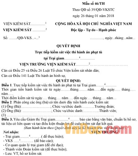 Mẫu quyết định trực tiếp kiểm sát việc thi hành án phạt tù tại Trại giam