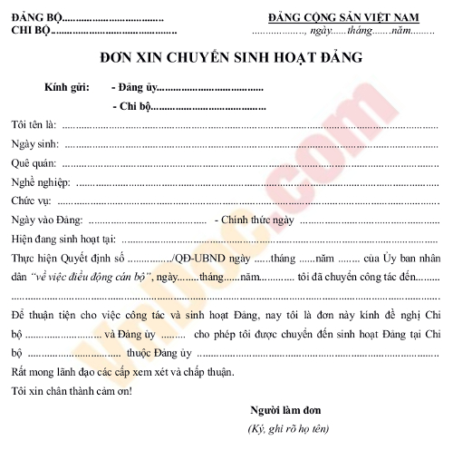 Mẫu đơn xin chuyển sinh hoạt Đảng
