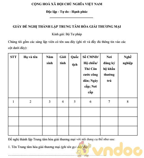 Giấy đề nghị thành lập trung tâm hòa giải thương mại