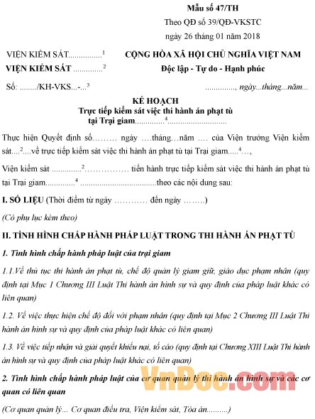 Mẫu kế hoạch trực tiếp kiểm sát việc thi hành án phạt tù tại Trại giam