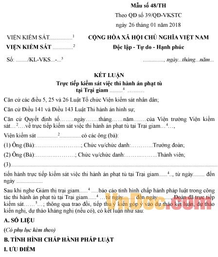 Mẫu kết luận trực tiếp kiểm sát việc thi hành án phạt tù tại Trại giam