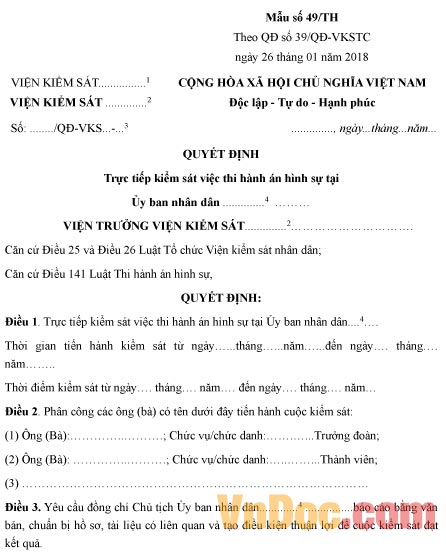 Mẫu quyết định trực tiếp kiểm sát việc thi hành án hình sự tại Ủy ban nhân dân