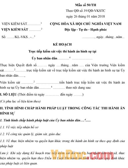 Mẫu kế hoạch trực tiếp kiểm sát việc thi hành án hình sự tại Ủy ban nhân dân