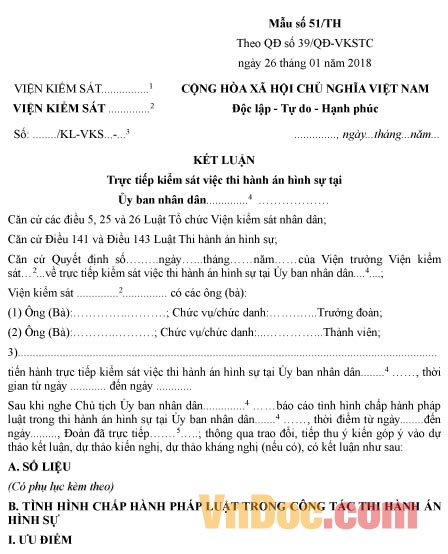 Mẫu kết luận trực tiếp kiểm sát việc thi hành án hình sự tại Ủy ban nhân dân