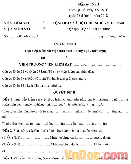 Mẫu quyết định trực tiếp kiểm sát việc thực hiện kháng nghị, kiến nghị 