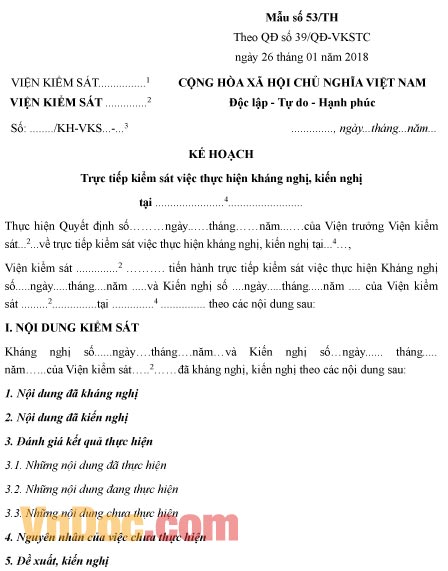 Mẫu kế hoạch trực tiếp kiểm sát việc thực hiện kháng nghị, kiến nghị