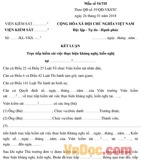 Mẫu kết luận trực tiếp kiểm sát việc thực hiện kháng nghị, kiến nghị