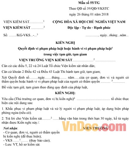 Mẫu kiến nghị quyết định vi phạm pháp luật hoặc hành vi vi phạm pháp luật trong việc tạm giữ, tạm giam 