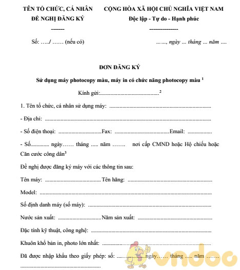 Đơn đăng ký sử dụng máy photocopy màu, máy in