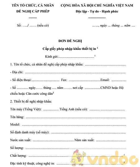 Đơn đề nghị cấp giấy phép nhập khẩu thiết bị in