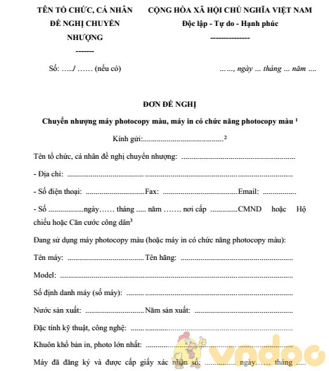 Đơn đề nghị chuyển nhượng máy photocopy màu, máy in