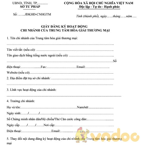 Giấy đăng ký hoạt động chi nhánh của trung tâm hòa giải thương mại