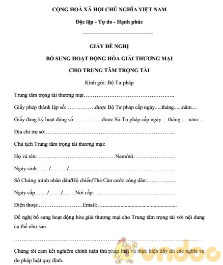 Giấy đề nghị bổ sung hoạt động hòa giải thương mại trung tâm trọng tài