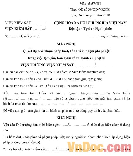 Mẫu kiến nghị quyết định vi phạm pháp luật trong tạm giam và thi hành án phạt tù