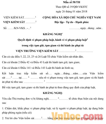 Mẫu kháng nghị quyết định vi phạm pháp luật trong tạm giam và thi hành án phạt tù