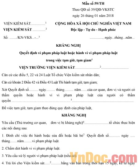 Mẫu kháng nghị quyết định vi phạm pháp luật trong việc tạm giữ, tạm giam