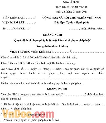 Mẫu kháng nghị quyết định vi phạm pháp luật trong thi hành án hình sự
