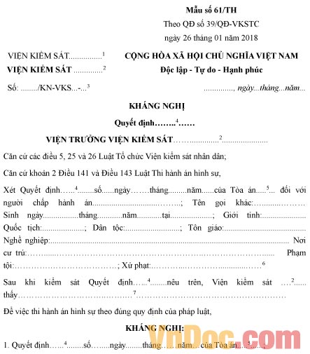 Mẫu kháng nghị quyết định về thi hành án hình sự