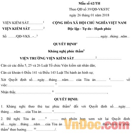 Mẫu quyết định kháng nghị phúc thẩm