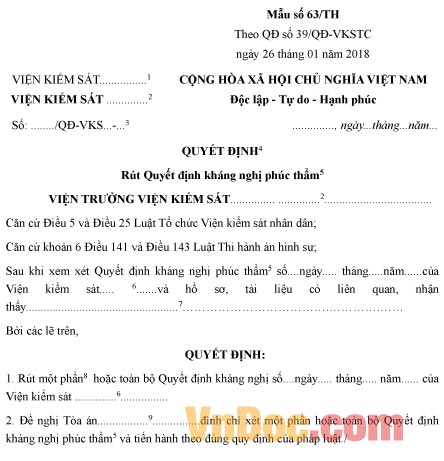 Mẫu quyết định rút Quyết định kháng nghị phúc thẩm