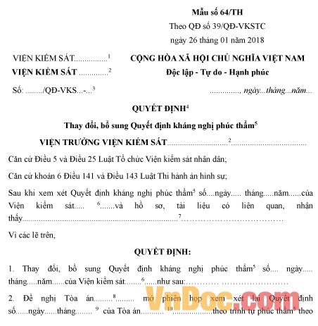 Mẫu quyết định thay đổi, bổ sung Quyết định kháng nghị phúc thẩm