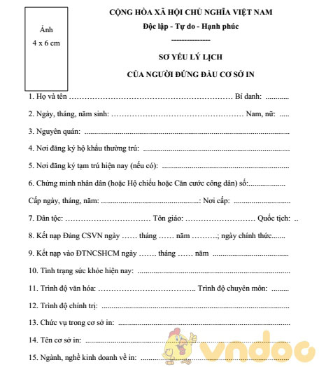 Sơ yếu lí lịch của người đứng đầu cơ sở in