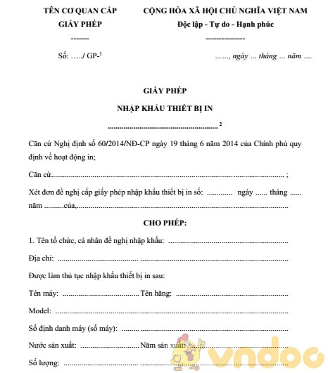 Mẫu giấy phép nhập khẩu thiết bị in