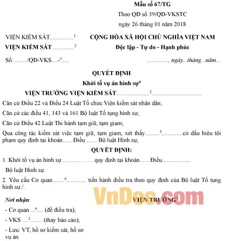 Mẫu quyết định khởi tố vụ án hình sự trong tạm giữ, tạm giam