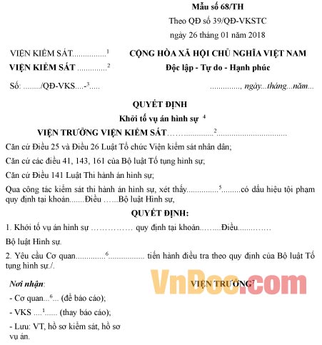 Mẫu quyết định khởi tố vụ án hình sự trong thi hành án hình sự