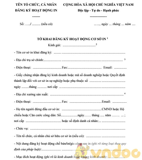 Tờ khai đăng ký hoạt động cơ sở in