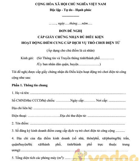 Đơn đề nghị cấp giấy chứng nhận đủ điều kiện cung cấp dịch vụ trò chơi điện tử