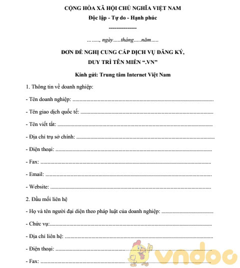 Đơn đề nghị cung cấp dịch vụ đăng ký, duy trì tên miền “.vn”