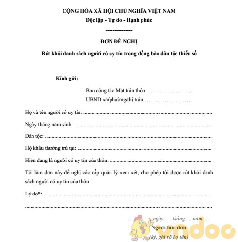 Đơn đề nghị rút khỏi danh sách người có uy tín trong đồng bào dân tộc thiểu số