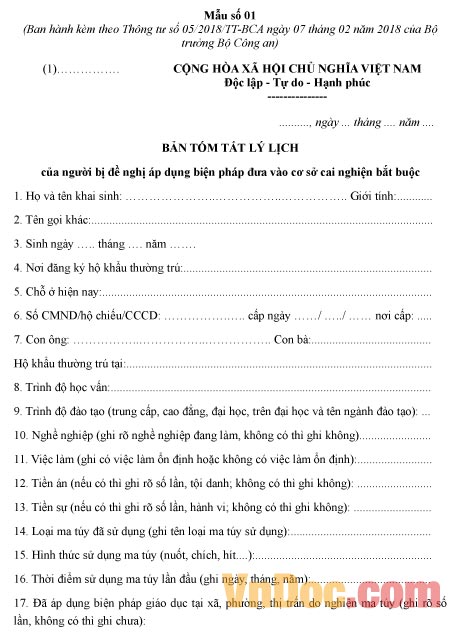 Bản tóm tắt lý lịch người bị đề nghị áp dụng biện pháp đưa vào cơ sở cai nghiện bắt buộc