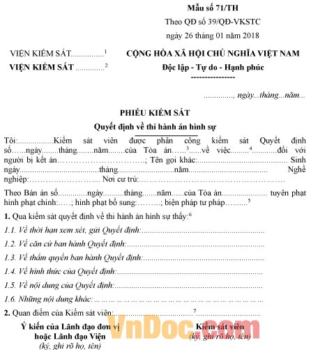 Mẫu phiếu kiểm sát quyết định về thi hành án hình sự