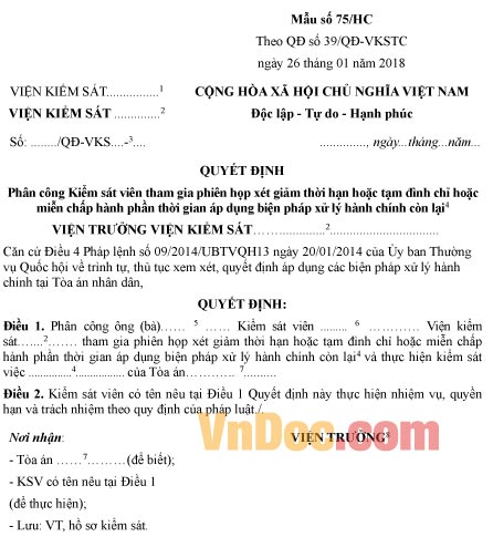 Mẫu quyết định phân công Kiểm sát viên tham gia phiên họp xét giảm thời hạn
