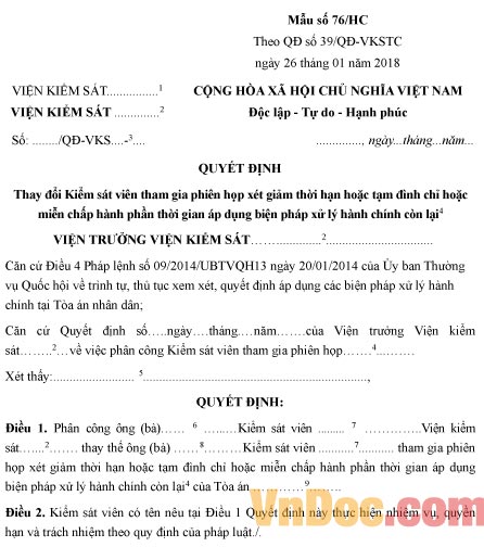 Mẫu quyết định thay đổi Kiểm sát viên tham gia phiên họp xét giảm thời hạn