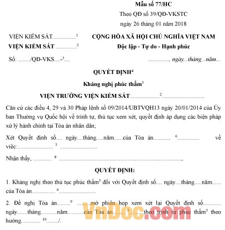 Mẫu quyết định kháng nghị phúc thẩm Quyết định giảm thời hạn áp dụng biện pháp hành chính còn lại