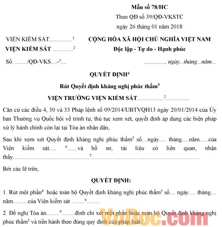 Mẫu quyết định rút Quyết định kháng nghị phúc thẩm Quyết định giảm thời hạn áp dụng biện pháp hành chính còn lại