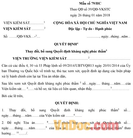 Mẫu quyết định thay đổi, bổ sung Quyết định kháng nghị phúc thẩm Quyết định giảm thời hạn áp dụng biện pháp hành chính còn lại