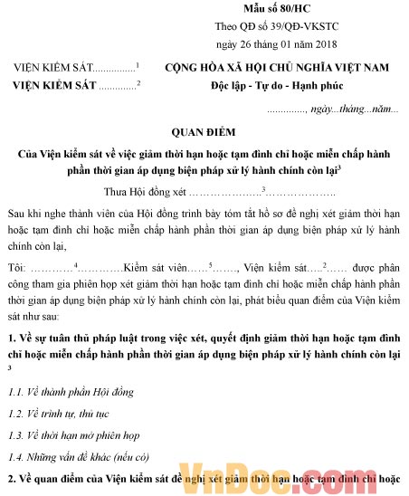 Mẫu quan điểm của Viện kiểm sát về việc giảm thời hạn áp dụng biện pháp hành chính còn lại
