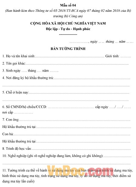 Mẫu bản tường trình lý lịch của người bị đưa vào cơ sở cai nghiện bắt buộc