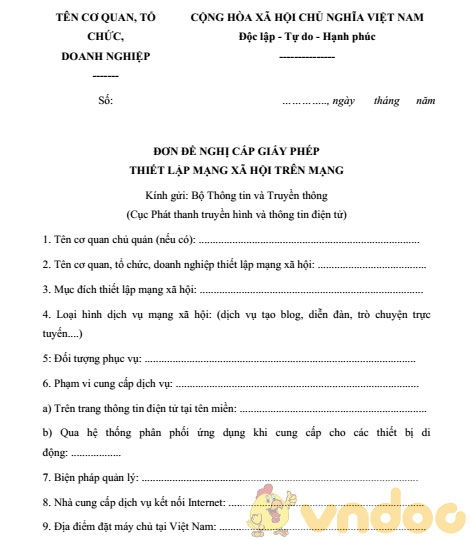 Đơn đề nghị cấp giấy phép thiết lập mạng xã hội trên mạng