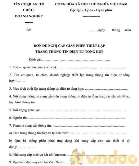 Đơn đề nghị cấp giấy phép thiết lập trang thông tin điện tử tổng hợp