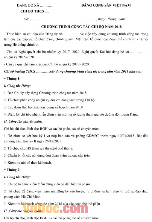 Mẫu kế hoạch công tác của chi bộ trường THCS năm 2018