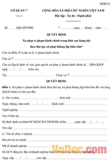 Mẫu quyết định xử phạt vi phạm hành chính trong lĩnh vực hàng hải theo thủ tục xử phạt không lập biên bản