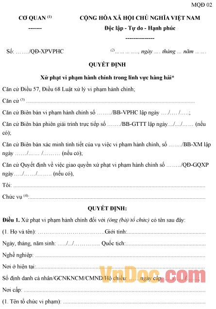 Mẫu quyết định xử phạt vi phạm hành chính trong lĩnh vực hàng hải